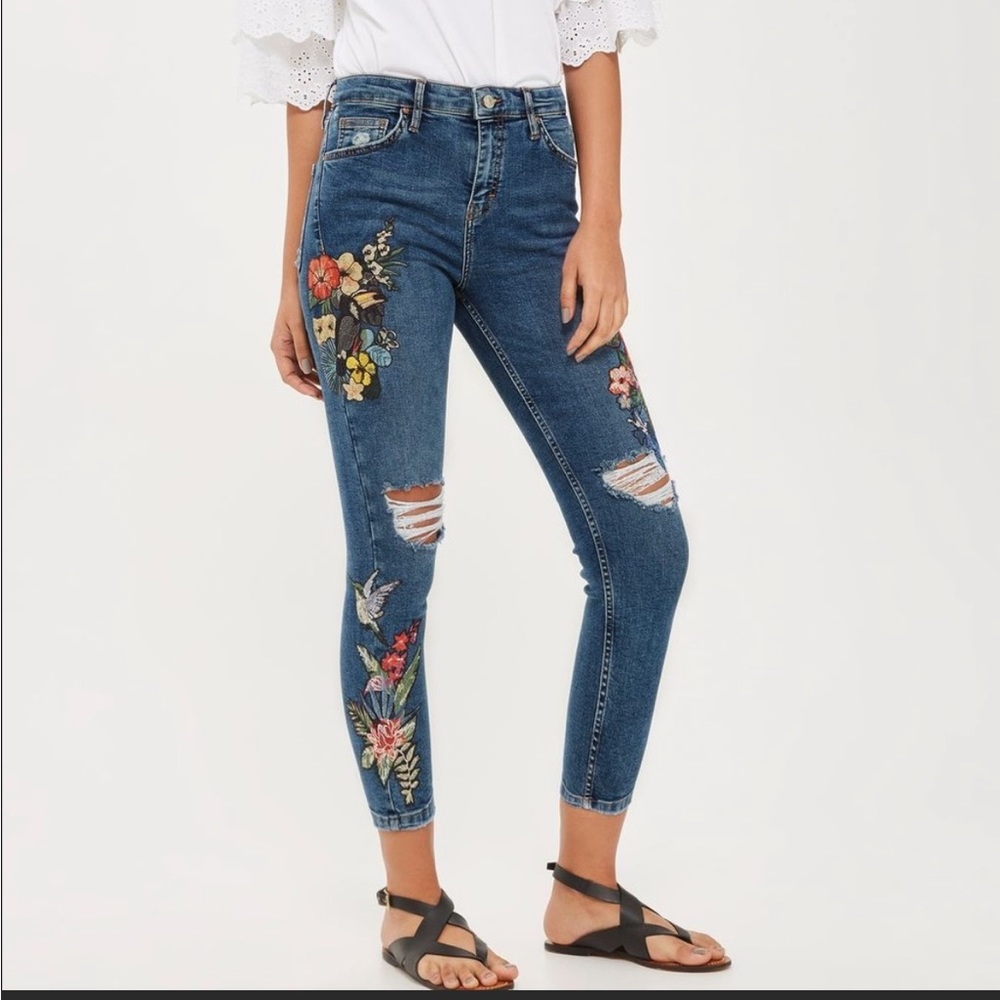 TopShop Moto Tropical Embroidered Jamie Jeans W30 L32